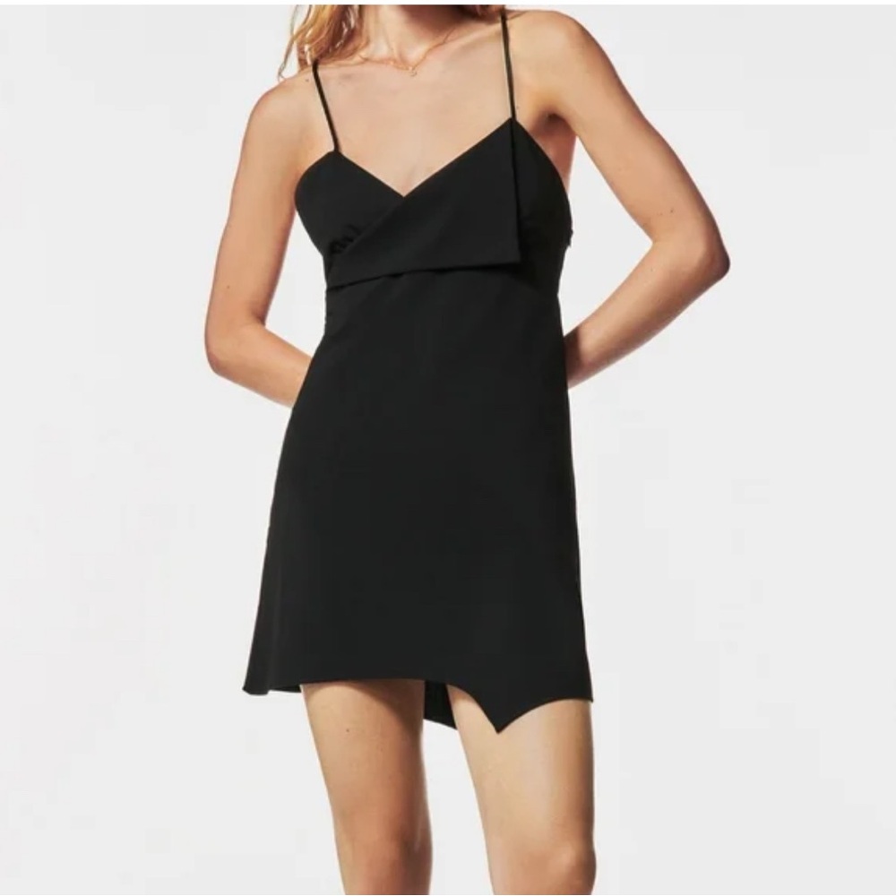 ZARA Black Mini Dress XS Asymmetrical Hem Spaghetti Strap Draped Neckline